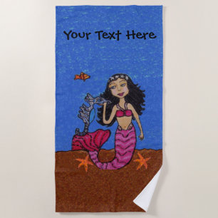 Toalha De Praia Mermaid Black Hair Pink Tail Seacavalo