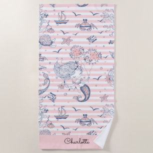 Toalha De Praia Mermaid Pink Stripe Beach Towel