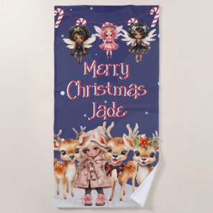 Toalha De Praia Merry Christmas Reindeer Peppermint Fada com Nome