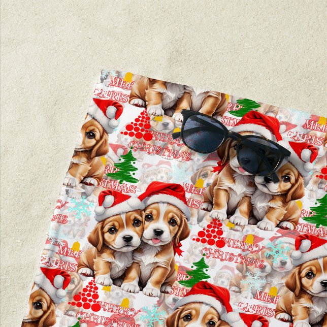 Toalha De Praia Merry Christmas Santa Hat Dog Puppy Design - White (Criador carregado)