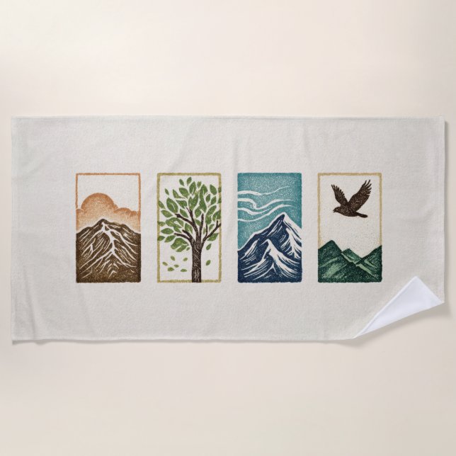 Toalha De Praia Minimal Nature Set – Mountain & Tree Art (Frente)