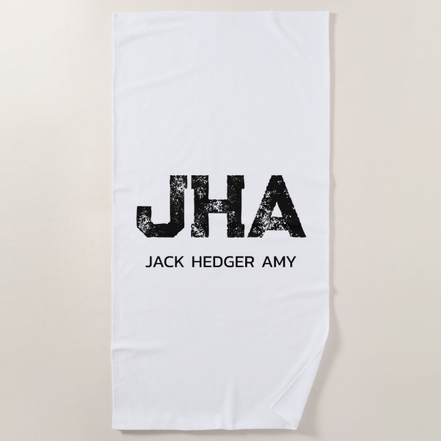 TOALHA DE PRAIA MINIMALIST BLACK THREE LETTER MONOGRAM NAME WHITE (Frente)