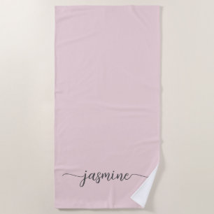 Toalha De Praia Minimalista Nome Monograma Rosa Bege Script Enorme