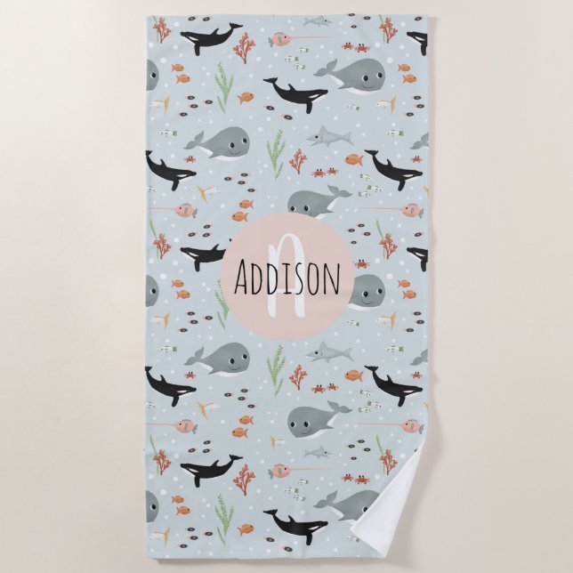 Toalha De Praia Miúdos de baleia e de padrões marítimos do oceano- (Frente)