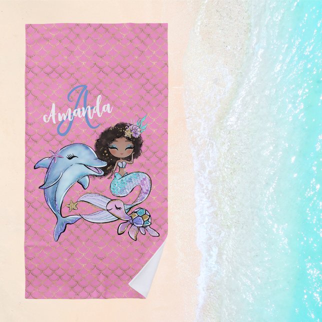 Toalha De Praia Moça Personalizada de Sereia Afro-Americana (African American Mermaid Custom Name Girl Beach Towel
)