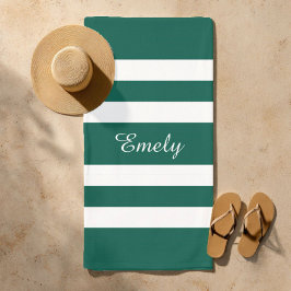 Toalha De Praia Modern Elegant Green White Stripes Pattern Name