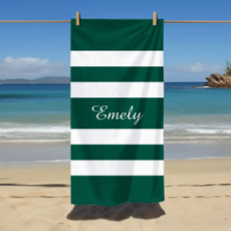 Toalha De Praia Modern Elegant Green White Stripes Pattern Name