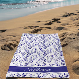 Toalha De Praia Modern Minimalist Navy Blue White Floral Script