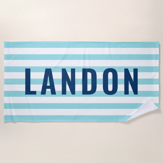 Toalha De Praia Modern Personalized Name Navy Aqua Striped (Frente)