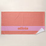 Toalha De Praia Modern Summer Pink Orange Striped Personalized<br><div class="desc">Bright, bold, and effortlessly fun — this retro striped towel in pink and orange makes any beach day feel special. Add a name for a personal touch that’s perfect for summer birthdays, bachelorette parties, or bat mitzvah favors. A chic, custom gift for anyone who loves sunny colors and mid-century modern...</div>