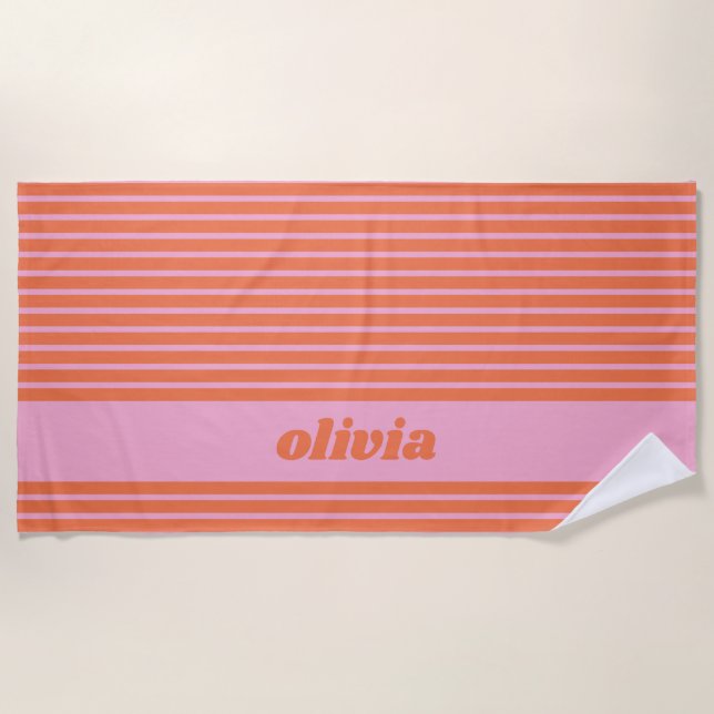 Toalha De Praia Modern Summer Pink Orange Striped Personalized  (Frente)