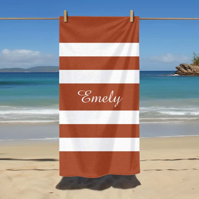 Toalha De Praia Modern Terracotta Brown Strike Name (Custom Name Modern Terracotta Brown Striped Beach Towel
)