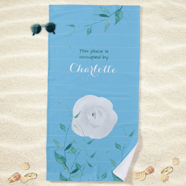 Toalha de Praia Moderna com Rosa Branca e Folhas V (White Rose Green Leaves Striped Modern Beach Towel ©Susanne Sachers - Sunny Mind Design 🌞)