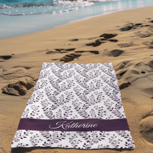 Toalha De Praia Moderno Minimalista Escuro Ameixa Branco Floral Sc