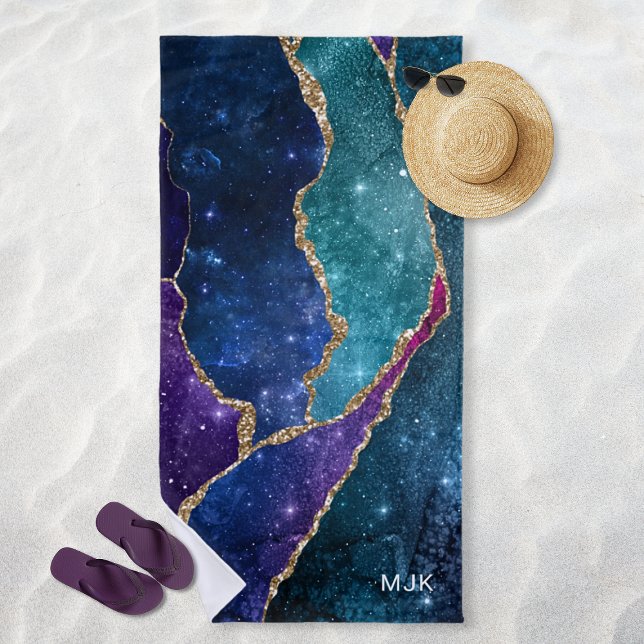 Toalha De Praia Monograma Agate Blue Purple Aqua Dourado Veins (Agate Blue Purple Aqua Gold Veins Monogram Beach Towel)