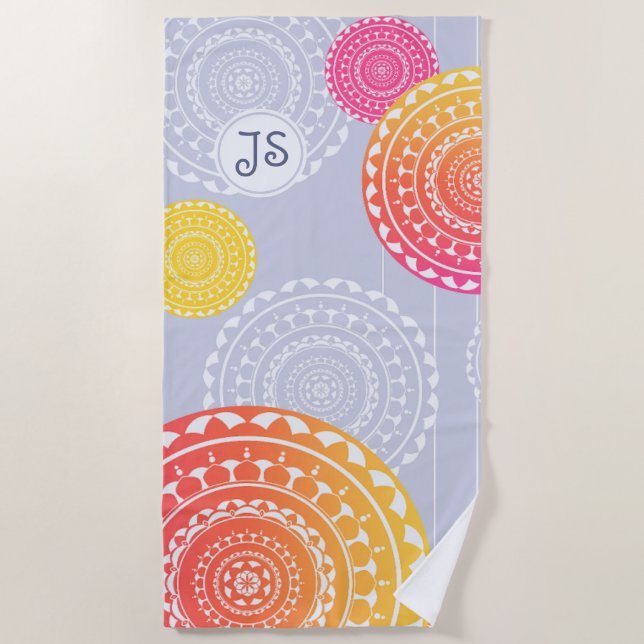 Toalha De Praia Monograma Aleatório de Mandala Amarelo Vibrante (Frente)