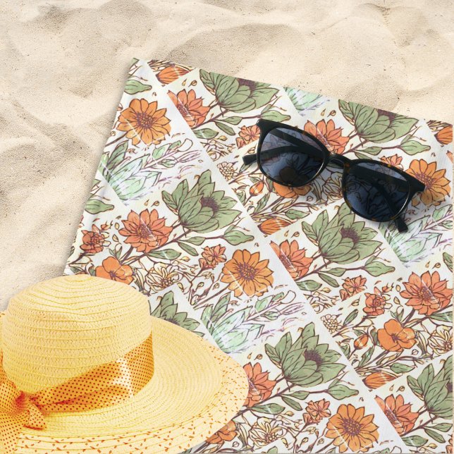 Toalha De Praia Monograma Azulejo Floral Boho Hippie Na moda (A pretty floral beach towel with repeat pattern of retro flowers in a tiled effect)