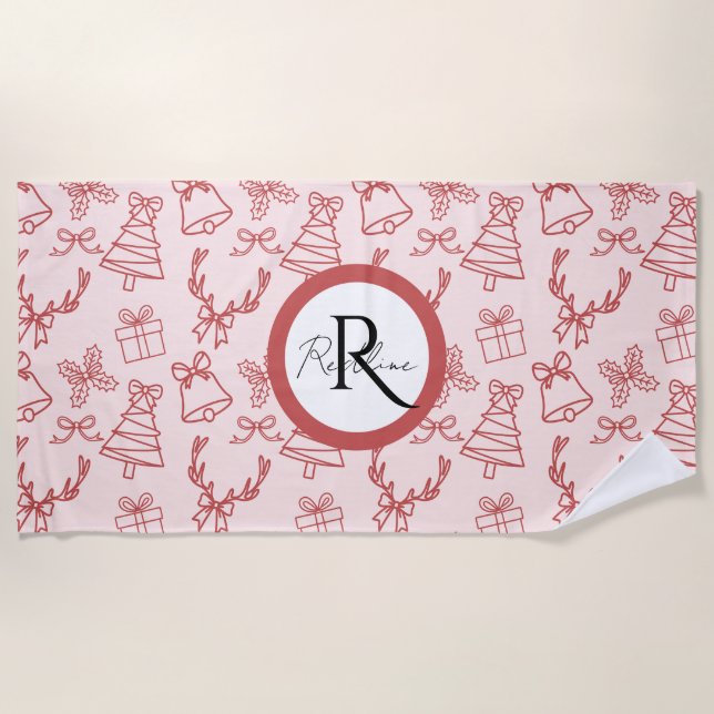 Toalha De Praia Monograma branco rosa (Frente)