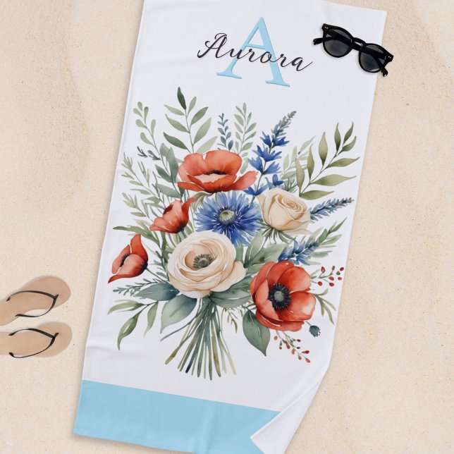 Toalha De Praia Monograma Buquê russo de flor selvagem Bonito Verã (A pretty beach towel with elegant monogram and rustic floral bouquet in a watercolor style)