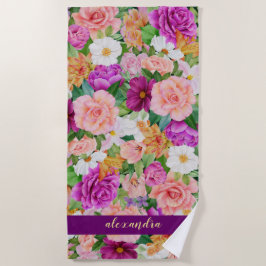 Toalha De Praia Monograma Colorida Molhada Aquosa Cor Floral Púrpu