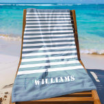 Toalha De Praia Monograma da família Modern Beach House<br><div class="desc">Fundo azul empoeirado com listras brancas emparelhadas com um monograma personalizado em uma letra de script elegante.</div>