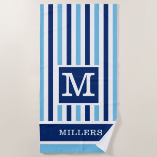 Toalha De Praia Monograma da Família Stripe Cabana Azul E Branca