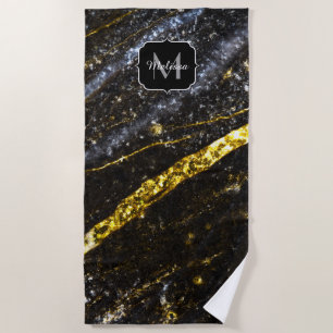 Toalha De Praia Monograma de abstrato chic preto em linha cinzenta