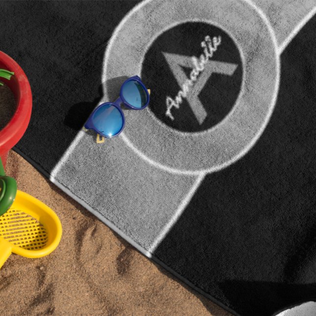 Toalha De Praia Monograma de Cinza Negra Personalizado (Criador carregado)