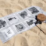 Toalha De Praia Monograma de Colagem de Fotos em Preto e Branco<br><div class="desc">Mostra sete fotos favoritas ou memórias de férias em nossa toalha preta, cinza e branca de praia, com um layout reticulado e fotos quadradas em uma cinza e fundo geométrico branco. Perfeito para seus instantâneos do Instagram, a toalha possui 7 modelos de fotos, assim como seu monograma inicial de solteiro...</div>