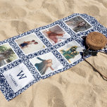 Toalha De Praia Monograma de Colagem de Fotos Padrão de marinho e<br><div class="desc">Mostra sete fotos favoritas ou memórias de férias neste marinho chic e toalha branca de praia, com um layout engradado e fotos quadradas. Perfeito para seus snapshots do Instagram, a toalha apresenta 7 modelos de fotos, assim como seu monograma inicial de solteiro e nome da família, em um fundo com...</div>