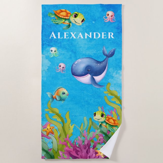 Toalha De Praia Monograma de Cuta Nome Turtle Sea Turtle Whale (Frente)