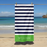 Toalha De Praia Monograma de faixas verdes e Marinhos<br><div class="desc">Esta toalha de praia personalizada tem um padrão de stripe horizontal pré-definido em azul marinho, verde e branco. Personalize-o com seu nome monograma ou outro texto personalizado em uma fonte serif moderna. Use as ferramentas de design para escolher qualquer cor de fundo, editar as fontes de texto e as cores...</div>