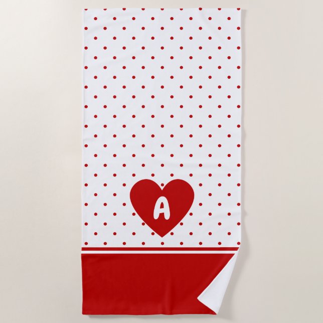 Toalha De Praia Monograma de Fundo Branco Vermelho Bolinhas Person (Frente)