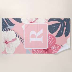 Toalha De Praia Monograma de Hibiscus Tropical personalizado
