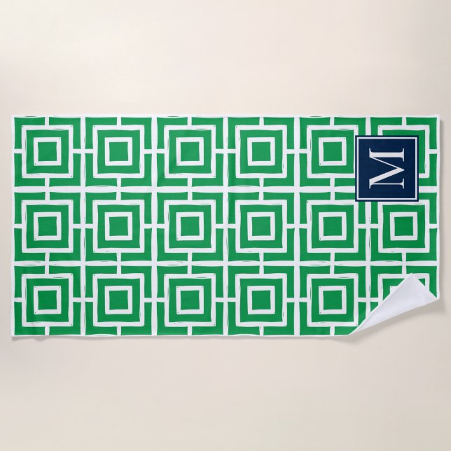 Toalha De Praia Monograma de Malha Quadrada Preppy – Verde e Azul  (Frente)