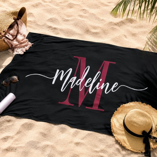 Toalha De Praia Monograma de Nome com Estilo Personalizado Preto B (Criador carregado)