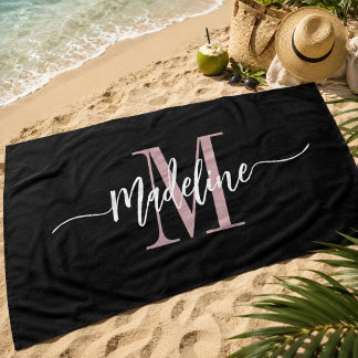 Toalha De Praia Monograma de Nome com Estilo Personalizado Preto e