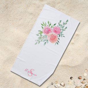 Toalha De Praia Monograma de Nome Floral Rosa