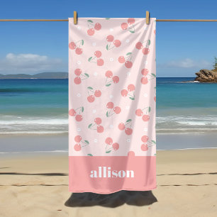 Toalha De Praia Monograma de Nome Personalizado de Cerejas Retro R