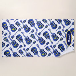 Toalha De Praia Monograma de Padrão de Guitarras Azuis