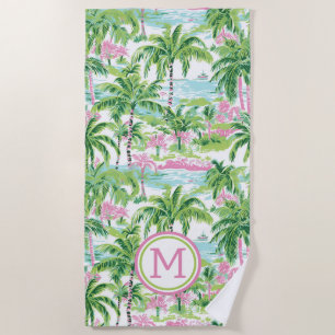 Toalha De Praia Monograma de Palmeiras Tropicais, rosa-pré e verde