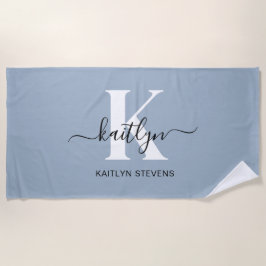 Toalha De Praia Monograma de Script Azul Elegante Dusty