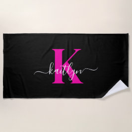Toalha De Praia Monograma de Script Rosa Quente Preto Elegante