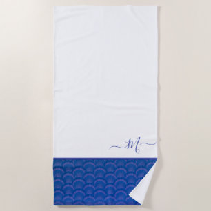 Toalha De Praia Monograma de Seashell Branco Azul Costeiro Moderno