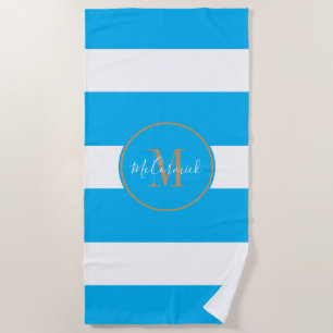 Toalha De Praia Monograma de Stripes Brancas Azuis Personalizadas