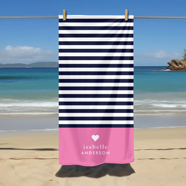 Toalha De Praia Monograma de Stripes Cardíacas Azuis e Rosa marinh (Criador carregado)