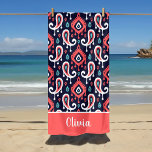 Toalha De Praia Monograma do Nome do Paisley do marinho e Coral Ik<br><div class="desc">Toalha de praia impressa personalizada com um fundo uniforme ikat em cores marinhos, corais e turquesas. Personalize com seu nome monograma em uma borda de coral. Use as ferramentas de design para editar as fontes de texto e as cores e adicionar suas próprias fotos para criar uma de tipo design....</div>