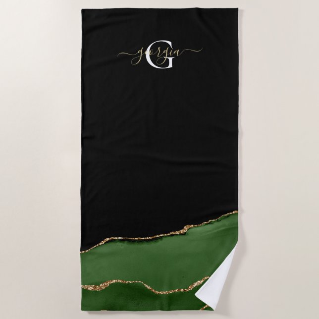 Toalha De Praia Monograma Dourado de brilho e agitação verde (Frente)