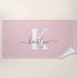 Toalha De Praia Monograma Elegante em Rosa Bege e Cinza com Letra