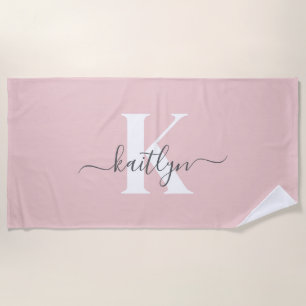 Toalha De Praia Monograma Elegante em Rosa Bege e Cinza com Letra